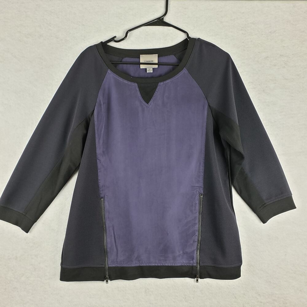 I. Madeline Women's L Double Zipper Colorblock Crewneck Sweatshirt Black‎ Blue